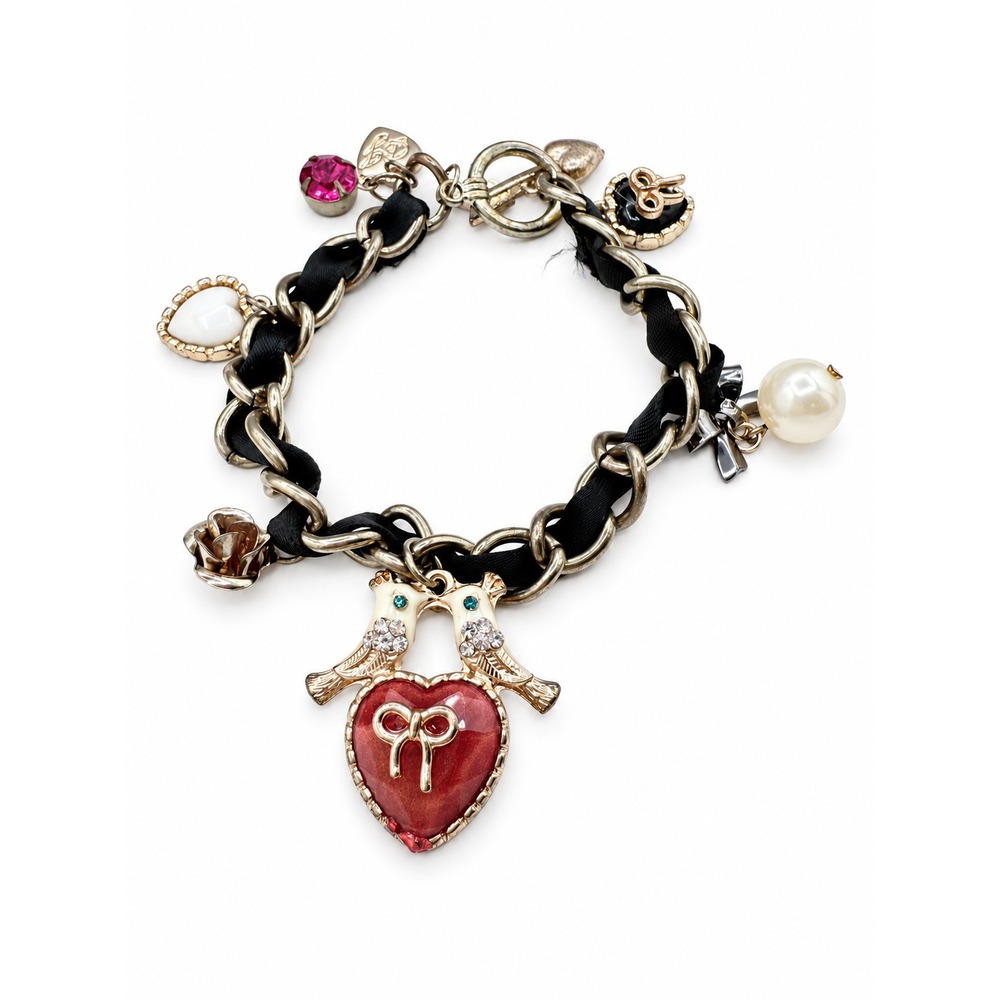 Rare Betsey Johnson 7" Ribbon Charm Bracelet Love Birds Pink Heart Y2K